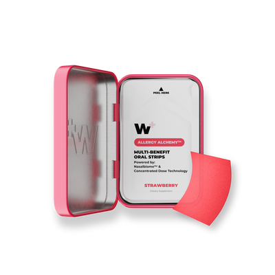 Allergy Alchemy multi-benefit oral strips packaging with a pink case on a white background