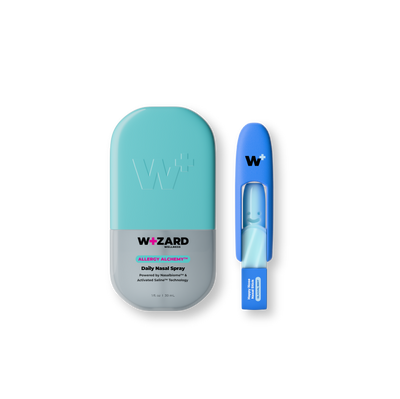 Wizard allergy relief nasal spray with blue and teal packaging on a white background