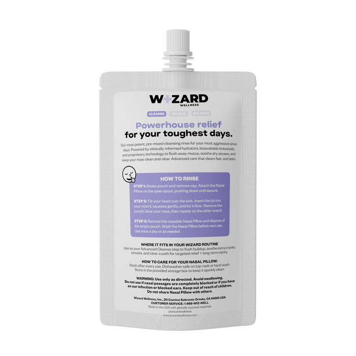 The back of the Wizard Advanced Sinus Rinse product packaging on a white background