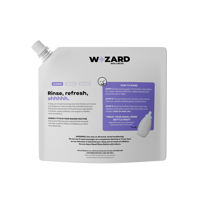 The back of the Wizard Wellness nasal rinse pouch with text on a white background
