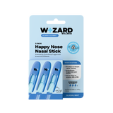 Wizard Wellness Happy Nose Nasal Stick packaging with three sticks on a light blue background