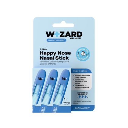 Wizard Wellness Happy Nose Nasal Stick packaging with three sticks on a light blue background