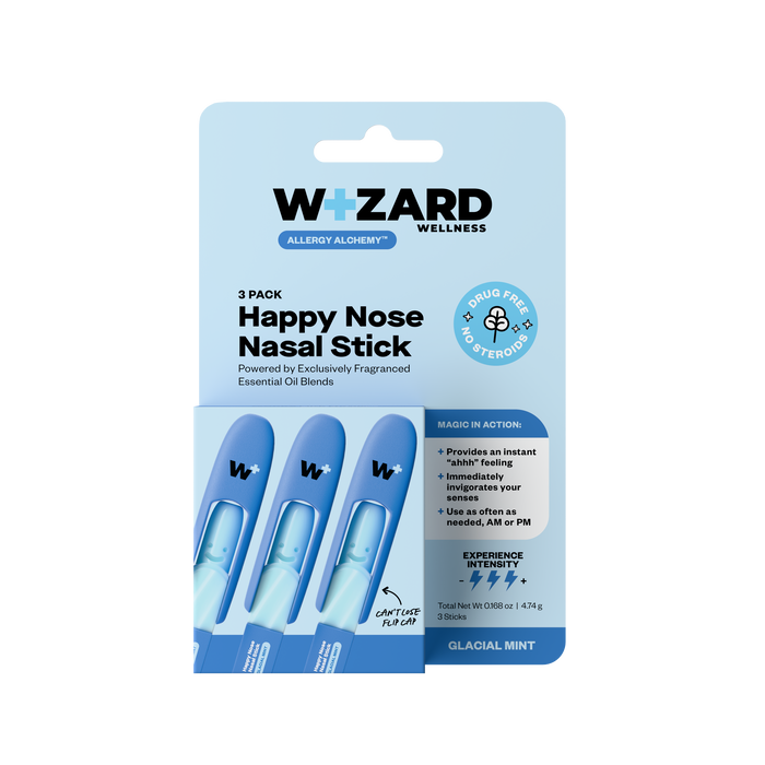 Wizard Wellness Happy Nose Nasal Stick packaging with three sticks on a light blue background