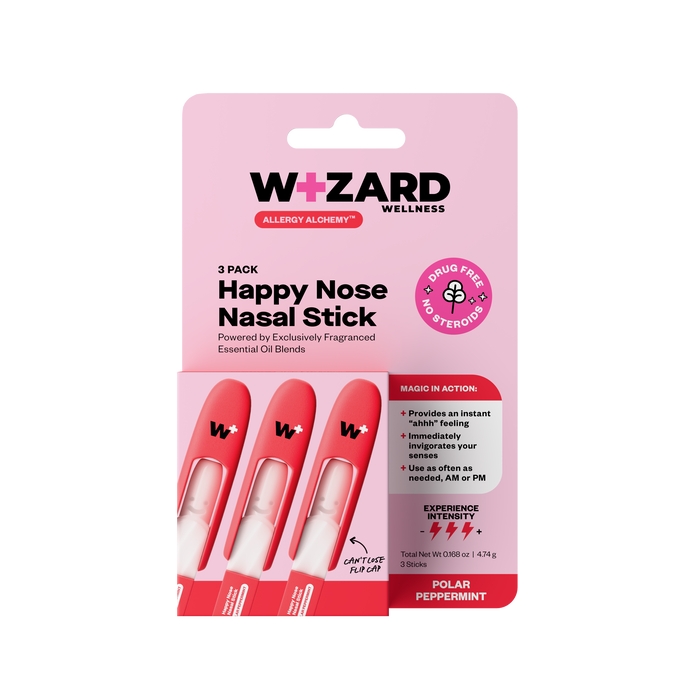 Packaging of Wizard Wellness Happy Nose Nasal Stick with pink background