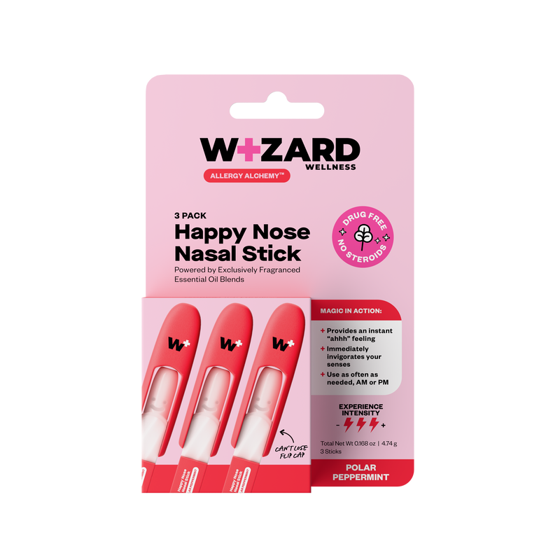 Packaging of Wizard Wellness Happy Nose Nasal Stick with pink background