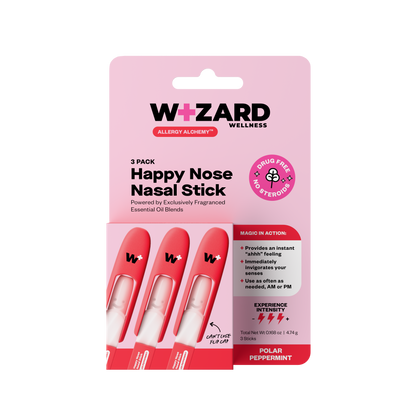 Packaging of Wizard Wellness Happy Nose Nasal Stick with pink background