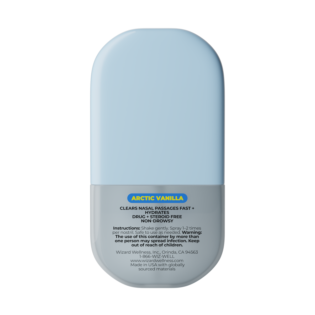 Nasal spray container with 'Arctic Vanilla' flavor on a white background