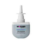 Nasal spray bottle labeled 'Wizard Wellness Allergy Alchemy' on a white background
