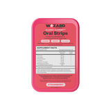 Pink packaging of Wizard Oral Strips with supplement facts on a white background