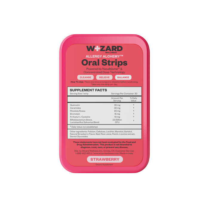 Pink packaging of Wizard Oral Strips with supplement facts on a white background